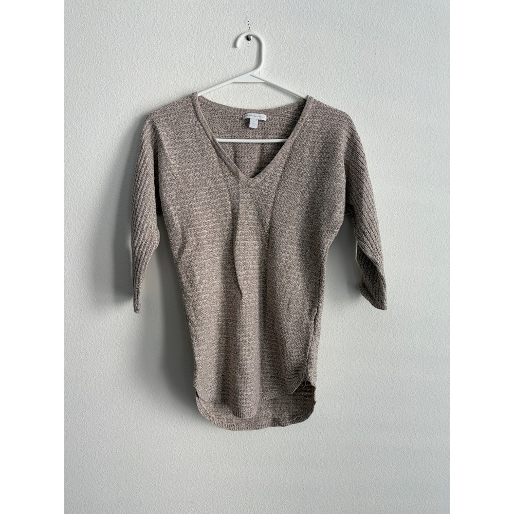 New York & Company Womens XS Taupe Marl V-Neck 3/4 Sleeve Ribbed Knit Sweater